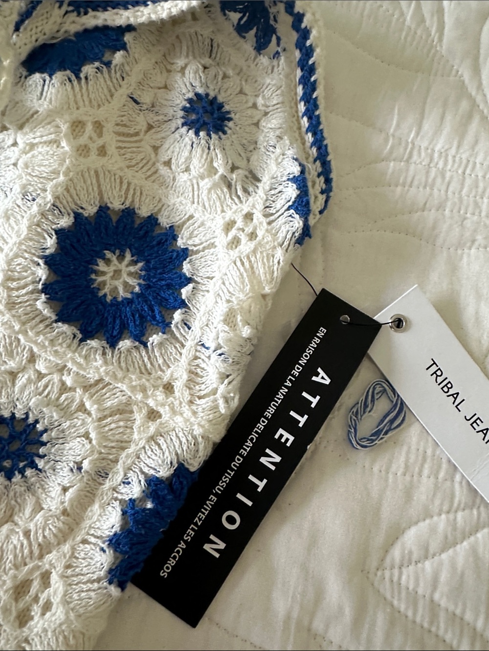 Tribal White Crochet Top with Blue Floral Accents - Picture 3 of 6